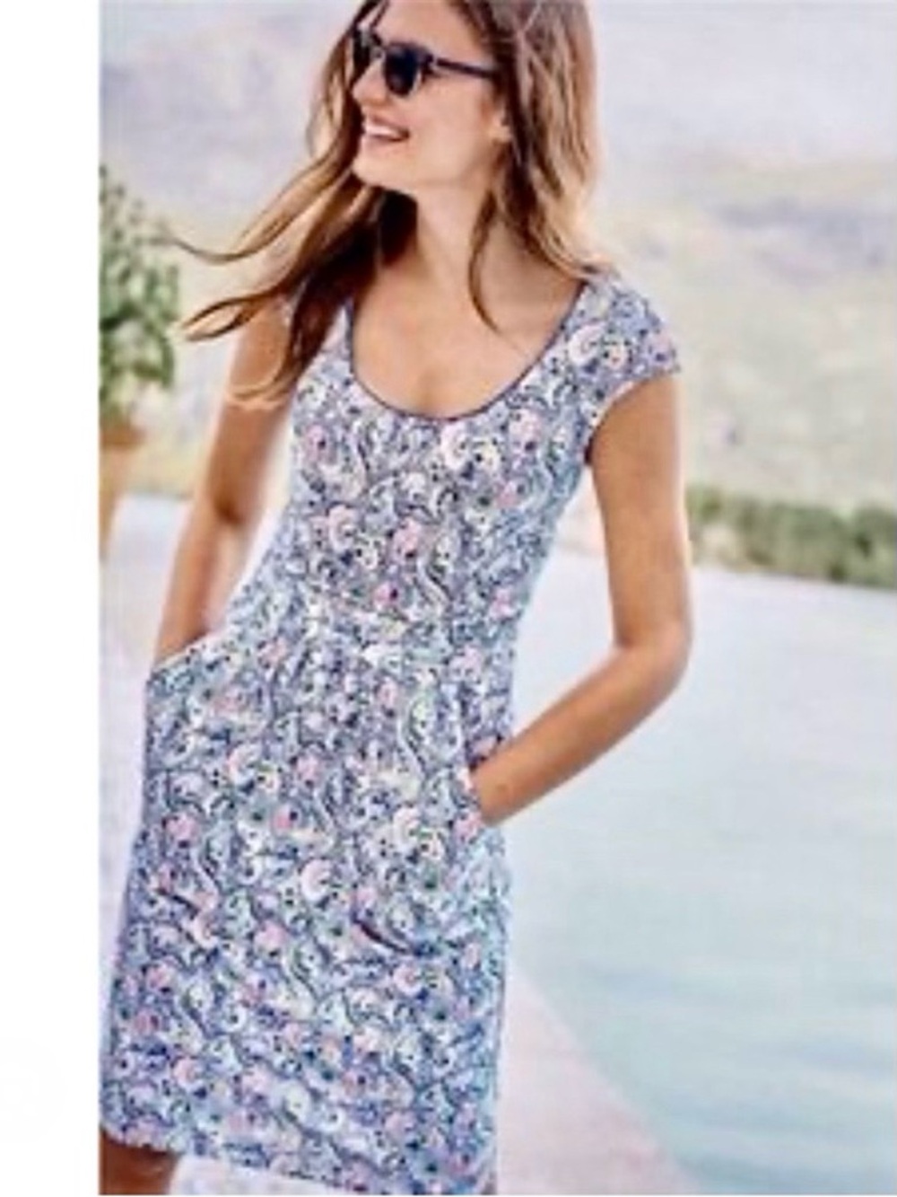 Boden Margo Floral Paisley Dress Sz 6 Blue Pink Jersey Knit